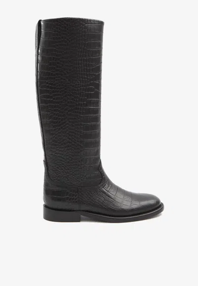 Paris Texas Montana Knee-high Boots In Croc-embossed Leather In Black