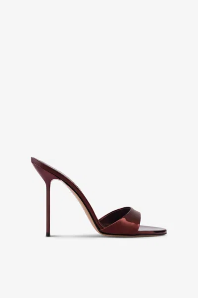 PARIS TEXAS MULES IN MAROON MIRROR-EFFECT LEATHER