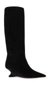 Paris Texas Boots In Black Calf Suede Leather With Lizard Print Leather Heel