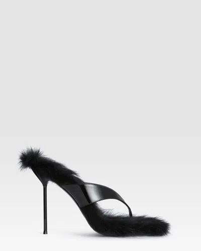Paris Texas Patent Leather Thong Mule With Shearling Insole In Black