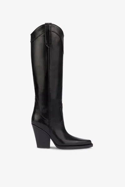 PARIS TEXAS POINTED KNEE-HIGH BOOTS IN BLACK SHINY VINTAGE LEATHER