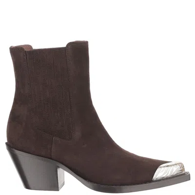 Paris Texas Pointed-toe Suede Ankle Boots With Metallic Detailing In Brown