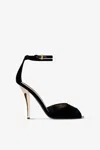 Paris Texas Sandals In Black Velvet With Gold Detailing. In Black