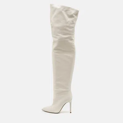 Pre-owned Paris Texas Size 36 Cream Croc Embossed Leather And Leather Knee Length Boots In White