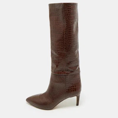 Pre-owned Paris Texas Size 37.5 Brown Croc Embossed Leather Knee Length Boots