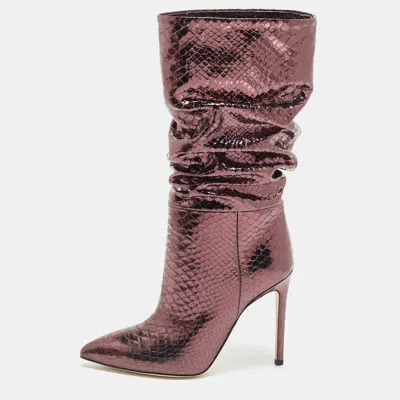 Pre-owned Paris Texas Size 37.5 Metallic Purple Python Embossed Leather Mid Calf Boots