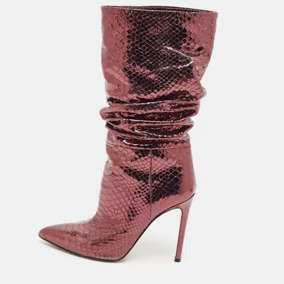 Pre-owned Paris Texas Size 37.5 Metallic Python Embossed Leather Mid Calf Boots In Silver