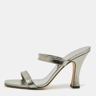 Pre-owned Paris Texas Size 37.5 Silver Croc Embossed Leather Slide Sandals