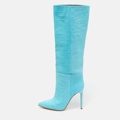 Pre-owned Paris Texas Size 38 Blue Croc Embossed Leather Knee Length Boots