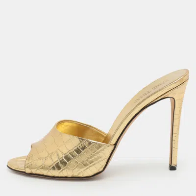 Pre-owned Paris Texas Size 38.5 Gold Metallic Faux Croc Effect Leather Slide Sandals
