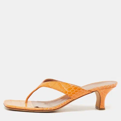 Pre-owned Paris Texas Size 38.5 Orange Croc Embossed Leather Thong Sandals