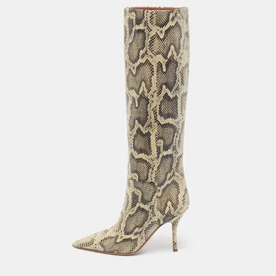 Pre-owned Paris Texas Size 39.5 Cream/black Croc Embossed Leather And Leather Knee Length Desert Boots In White