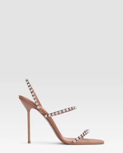 Paris Texas Slingback Sandals In Amber Crepe Satin With Stud Detailing In Silver