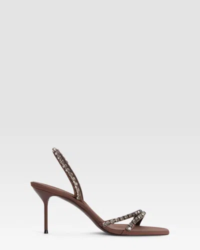 Paris Texas Slingback Sandals In Travertine Crepe Satin With Stud Detailing In Brown