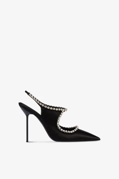 Paris Texas Slingbacks In Black Satin With Stud Detailing.