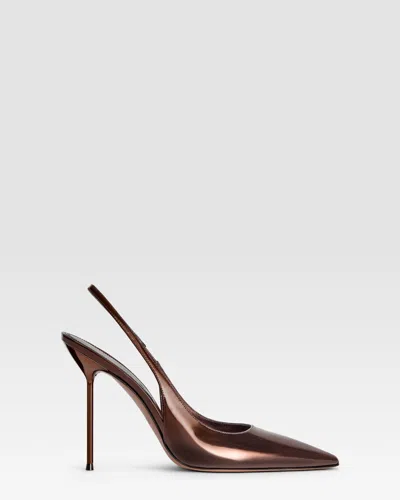 Paris Texas Slingbacks In Ebony, Mirror-effect Leather In Brown
