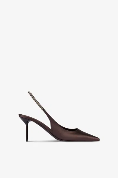 Paris Texas Slingbacks In Ebony Satin With Stud Detailing.
