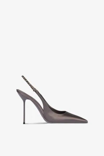 Paris Texas Slingbacks In Grey Satin With Stud Detailing.
