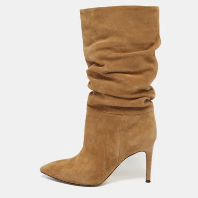 Pre-owned Paris Texas Slouchy Size 36 Beige Croc Embossed Leather And Suede Mid Calf Boots In Sand