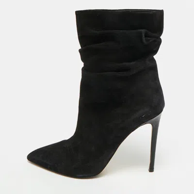 Pre-owned Paris Texas Slouchy Size 39.5 Black Croc Embossed Leather And Suede Mid Calf Boots