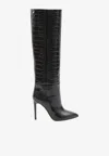 Paris Texas Stiletto 105 Croc-embossed Leather Knee-high Boots In Black
