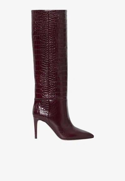 Paris Texas Stiletto 85 Croc-embossed Leather Knee-high Boots In Burgundy