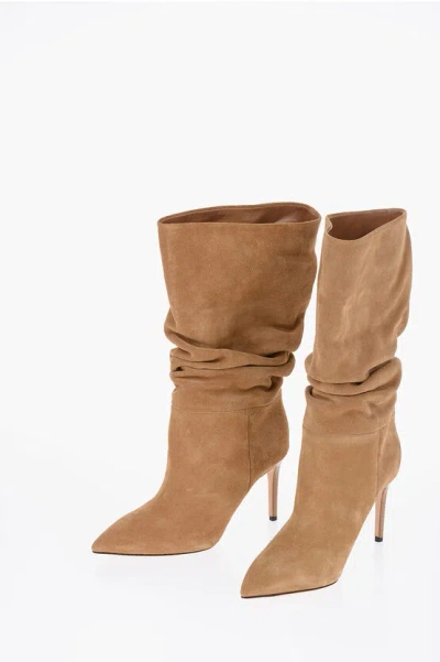 Paris Texas Suede Heeled Ankle Boots With Gathered Detail In Brown