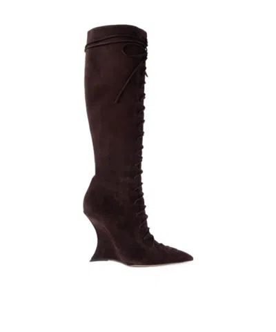 Paris Texas Nina Suede Lace-up Wedge Knee Boots In Brown