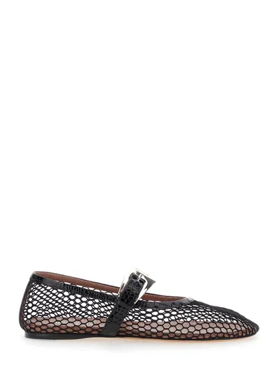 Paris Texas Sveva Black Ballet Flats With Mesh Design And Buckle Closure In Fabric And Leather Woman