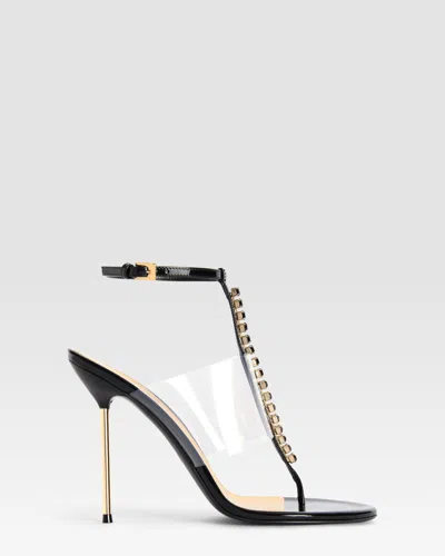 Paris Texas T-strap Sandals In Black Patent Leather With Stud Detailing