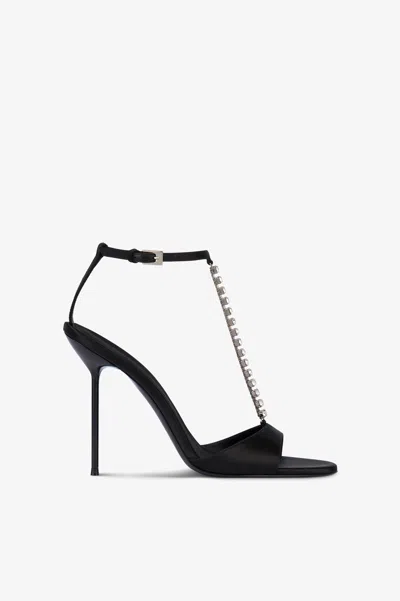 Paris Texas T-strap Sandals In Black Satin With Stud Detailing.