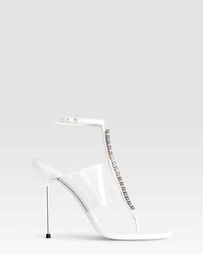 Paris Texas T-strap Sandals In Optic White Patent Leather With Stud Detailing