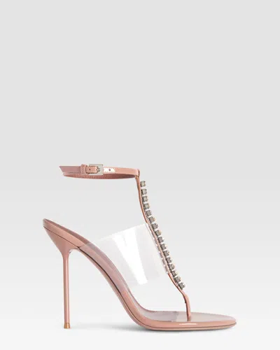 Paris Texas T-strap Sandals In Texas Rose Patent Leather With Stud Detailing In Pink