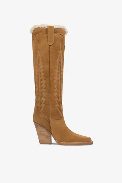 Paris Texas Texan Boots In Beige Calf Suede Leather. In Brown