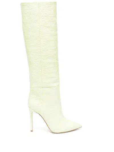 Paris Texas Textured Green Stiletto Long Boots In Yellow