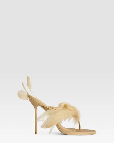 Paris Texas Thong Mules In Honey Crepe Satin In Brown