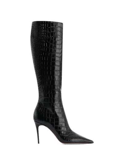 Paris Texas Vera 85 Charcoal Crocodile-effect Leather Boots In Black