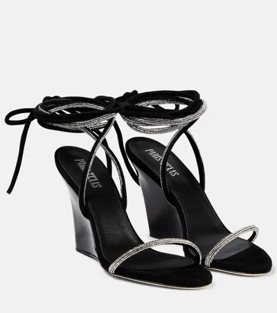 Paris Texas Willow Embellished Suede Wedge Sandals In Black Diamond
