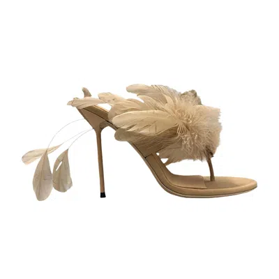 Pre-owned Paris Texas Wmns Lidia Feather Thong Mule 'honey' | Tan | Women's Size 5.5