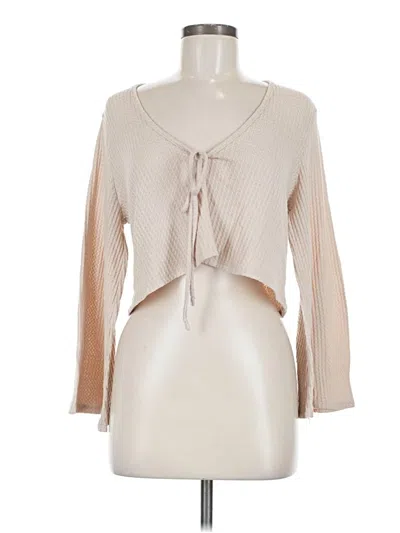 Pre-owned Paris To Jena Long Sleeve Top Tan Plunge Neckline Tops In Brown
