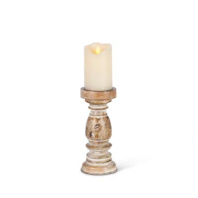 Park Hill Collection Estelle Wood Pillar Holder, 9" In White Washed Brown