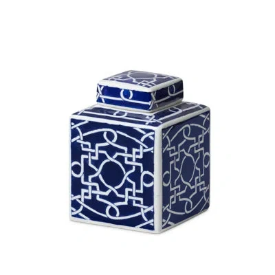 Park Hill Collection Imperial Ceramic Geometric Square Jar, Indigo, Small In Blue