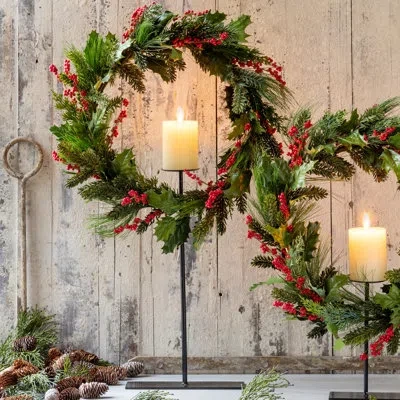 Park Hill Collection Pine And Holly Wreath On Candle Stand In Green