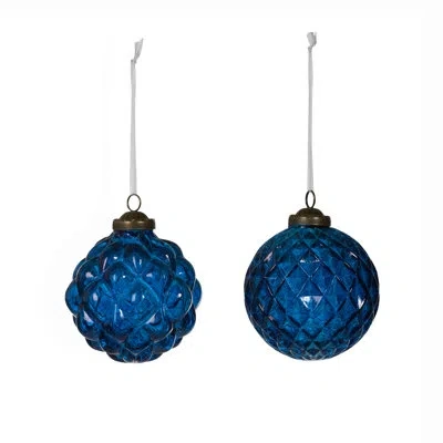 Park Hill Collection Textural Opaque Blue Glass  Ball Ornament, 2 Assorted Styles