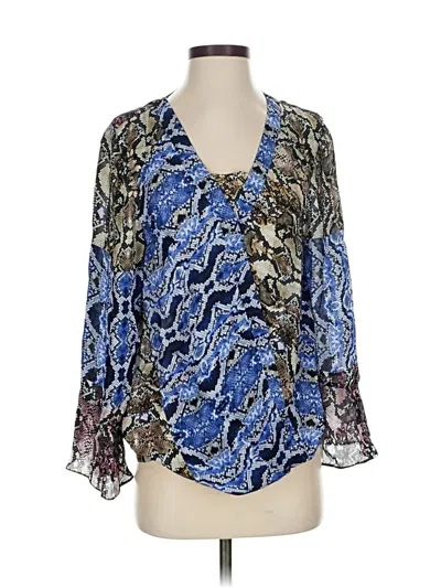 Pre-owned Parker 3/4 Sleeve Silk Top Blue Chevron/herringbone Pattern Plunge Neckline Tops