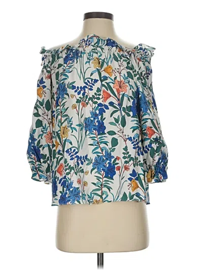 Pre-owned Parker 3/4 Sleeve Silk Top Blue Ruffles Neckline Tops