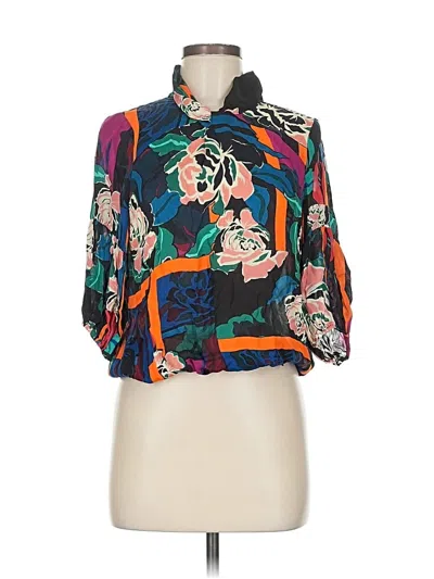 Pre-owned Parker 3/4 Sleeve Silk Top Teal Mock Neckline Tops In Blue