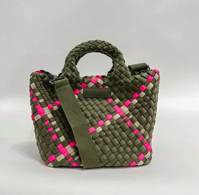 Parker And Hyde Neoprene Woven Handbag In Sage/pink