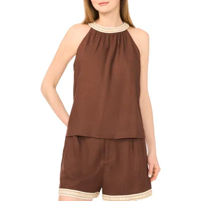 Parker Beaded Trim High Neck Woven Top In Brown