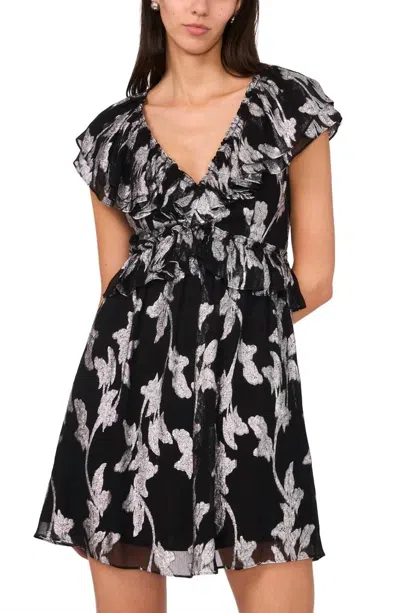 Parker Cara Metallic Floral Jacquard Metallic-print Ruffled Minidress In Black/silver